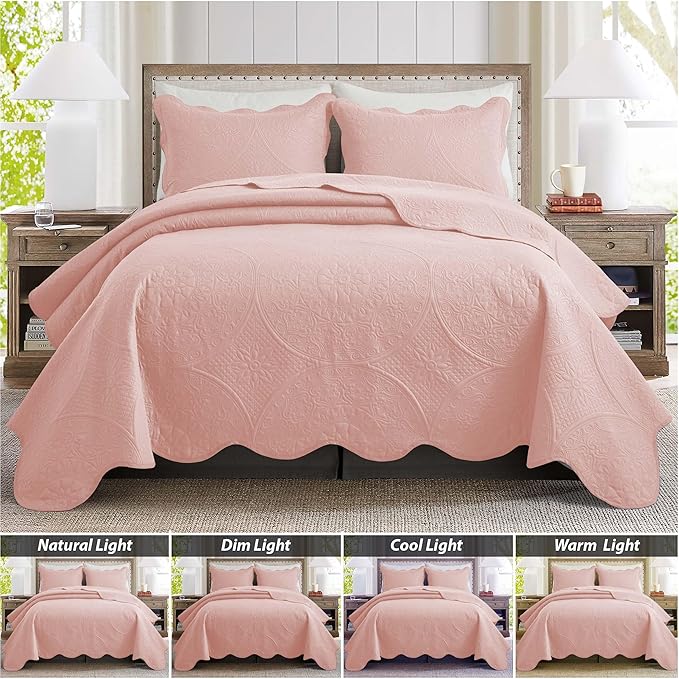 IR Imperial Rooms King Quilt Bedding Set Size (106" x 96") + 2 Pillow Shams (20" x 36"+ 2") - 3 Pcs All Season Lightweight Reversible Microfiber Coverlet Floral Embossed Quilt Bedspread (Baby Pink)