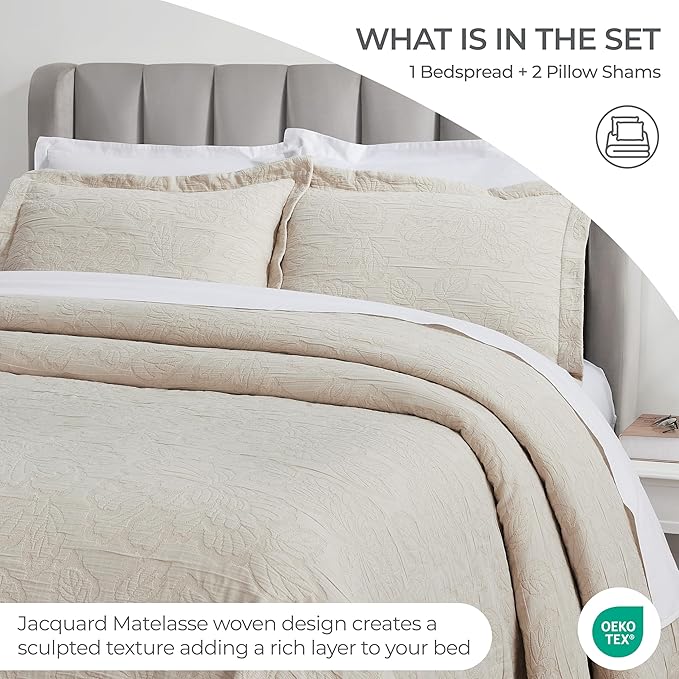 Superior 3 Piece Cotton Bedspread Set, Home Bed Decor, Decorative Bed Spread, 2 Pillow Shams, Medium Weight Blanket, Matelasse Coverlet, Bedding Essentials, Hibiscus Collection, King, Beige
