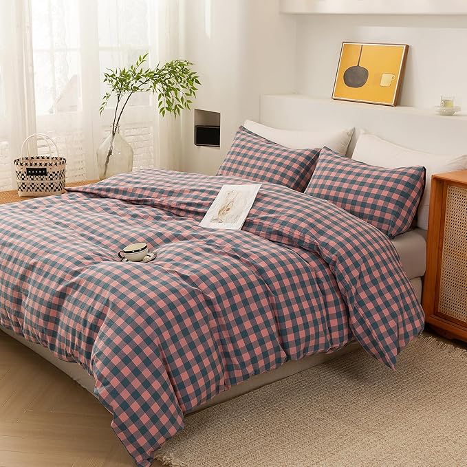 ECOCOTT Duvet Cover Queen Size, 100% Washed Cotton Linen-Like Soft & Breathable, Durable Comfy Bedding Set for All Seasons, Purple Pink Plaid
