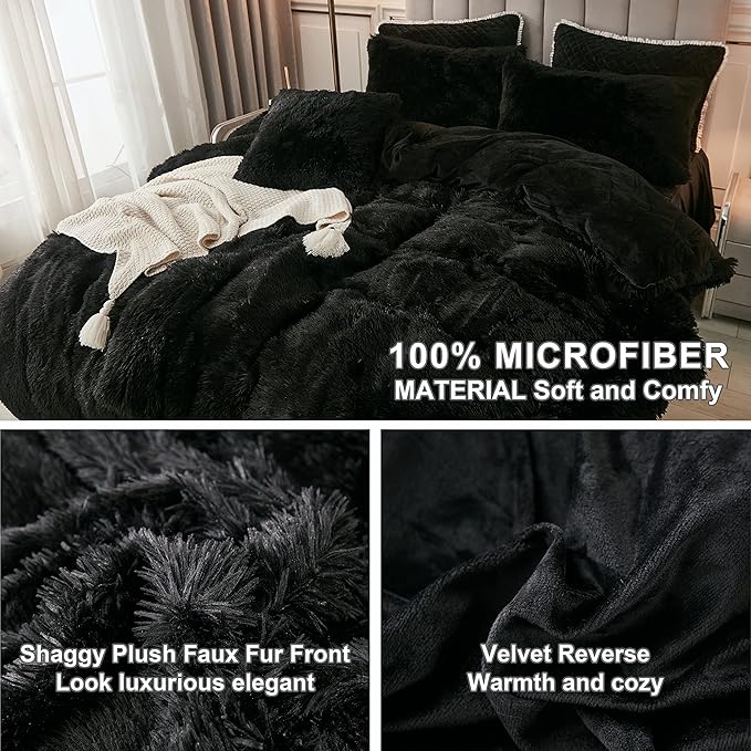 annadaif Plush Black Duvet Cover Queen, Fluffy Soft Faux Fur Velvet Comforter Cover, Luxury Fuzzy Shaggy Bedding Sets 3 Pieces(1 Duvet Cover,2 Pillowcases), Zipper Closure