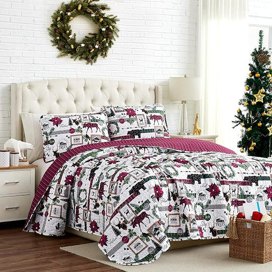 Southshore Fine Living, Inc. Twin Size Christmas Quilt with Matching Pillow Sham, Holiday Bedding Set, Twin/Twin XL Holiday Quilt Set, Reversible Red Plaid Quilt Over Rustic Cabin Print