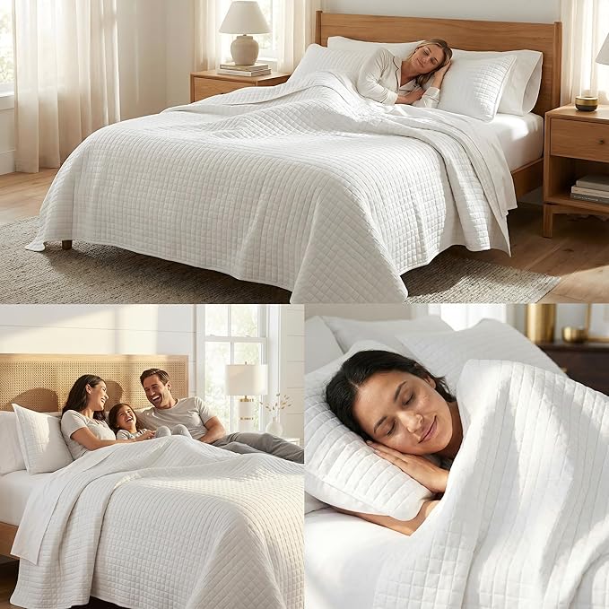 Southshore Fine Living, Inc. White Queen Quilt Bedding Set, Dual Fit Luxury Bedding Quilts, Queen Size Bedspread Coverlet, Full Size Quilted Comforter Bed Spread w/Pillow Shams, White Quilts