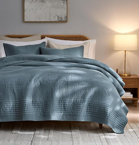 PALASSIO Striped Blue Grey 100% Cotton Quilt California Cal King Size Bedding Sets, Oversized Lightweight Channel Pick Stitch Textured Bedspread Soft Farmhouse Country Coverlet for All Season, 2 Shams
