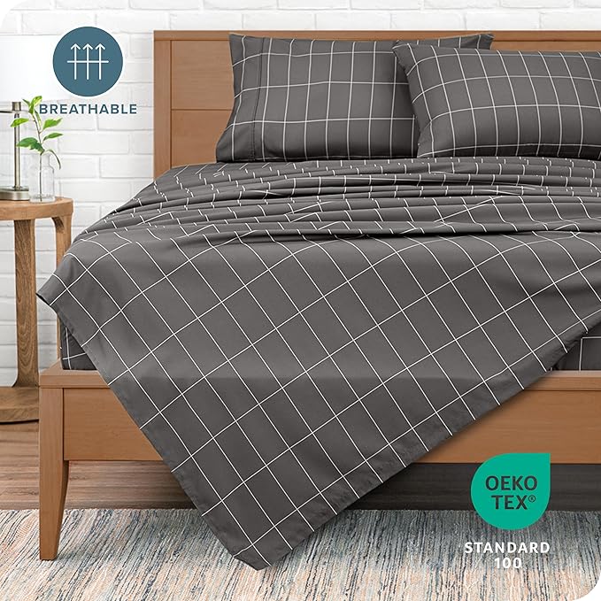 Bare Home Queen Sheet Set - Luxury 1800 Ultra-Soft Microfiber Double Brushed - Deep Pockets - Easy Fit - 4 Piece Set (Queen, Grid - Grey/White)