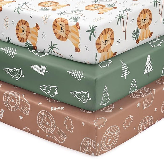 Baby Mini Crib Sheets Boy, Portable 38”x26” Pack and Play Sheets Fitted for Playard and Pack N Play Mattress, 3-Pack Soft Microfiber Brown Lion