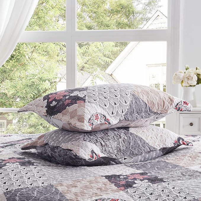 Full/Queen Size Quilt Set 3 Pieces Lightweight Reversible Bedspread-90''x98'' Soft Patchwork Floral Coverlet Luxurious Warm Microfiber Bed Cover All Seasons Gray Bedding Set(1 Quilt,2 Pillow Shams)