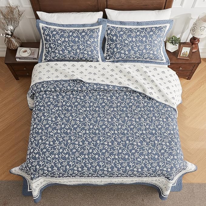 Oversized Queen Bedspread Set - 100% Cotton Lightweight Quilted Coverlet - Soft Reversible Bedding, Botanical Floral Design - Includes 1 Bedspread (102x120) & 2 Pillow Shams - Grayish-Blue