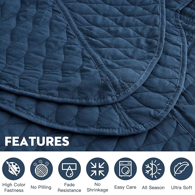 Botanical Bedspread Full Size - Leaves Pattern Stitching Quilt Set - Elegant & Fresh Style Bedding Coverlets, Reversible, Lightweight, 5 Piece, Navy