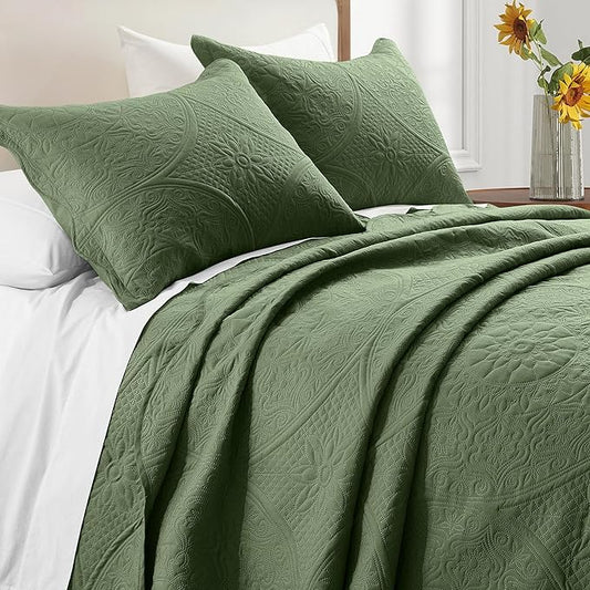 IR Imperial Rooms 8 Pack California King Quilt Bedding Set (118"x106") - Bulk Wholesale for Hotels, Guest Bedroom & Airbnbs - Microfiber Reversible Floral Embossed Quilts Bedspreads (Olive Green)