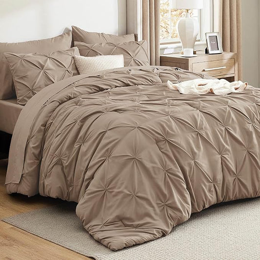 Bedsure California King Comforter Set Khaki - Bed in a Bag Cal King Bedding Set 7 Pieces, GentleSoft™ Pintuck Bed Set Gift for Family, Pinch Pleat Khaki Comforter with Sheets, Pillowcases & Shams