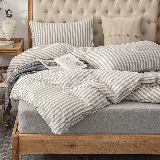 PURE ERA Jersey Knit Duvet Cover Set 100% T-Shirt Heather Cotton Super Soft Comfy Classic Striped Design, with Zipper Closure, Grey & White Stripe, Queen
