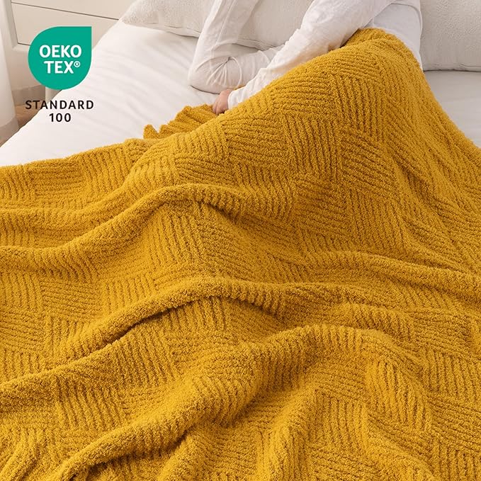 Battilo Yellow Diamond Knit Throw Blanket for Couch and Bed, Soft Textured Chenille Blanket, Cozy Lightweight Decorative Blanket for Sofa, 50"x60"