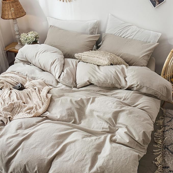 MooMee Bedding Duvet Cover Set 100% Washed Cotton Linen Like Textured Breathable Durable Soft Comfy (Heathered Tannish Linen Grey, Super King 108"x98")