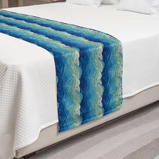 Lunarable Aquatic Bed Runner, Conceptual Ocean Themed Art Hand Drawn Waves Seascape Maritime, Decorative Accent Bedding Scarf for Hotels Homes and Guestrooms, Queen, Mint Green Pale Blue