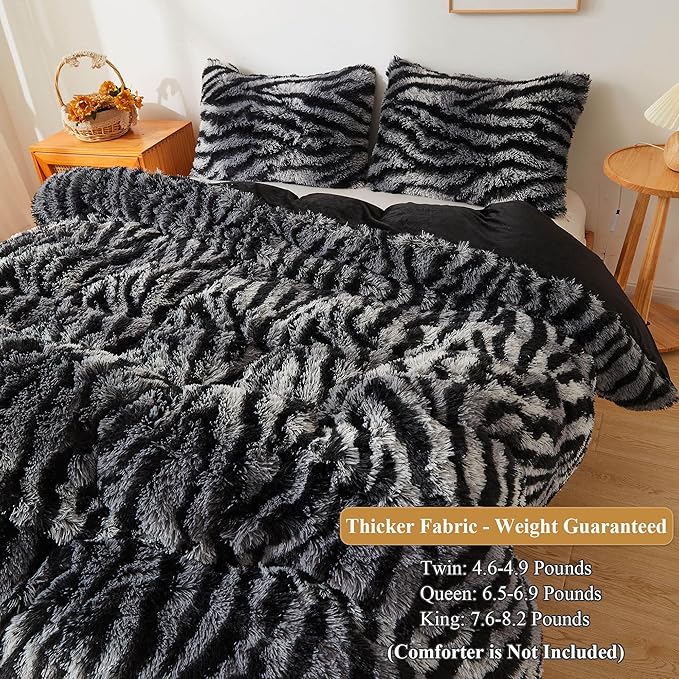 XeGe Zebra Print Fluffy Faux Fur Duvet Cover Set, 2 Pieces Soft Plush Shaggy Fuzzy Bedding Set(1 Farmhouse Striped Comforter Cover + 1 Furry Pillowcase), Zipper Closure(Twin, Black and Grey)