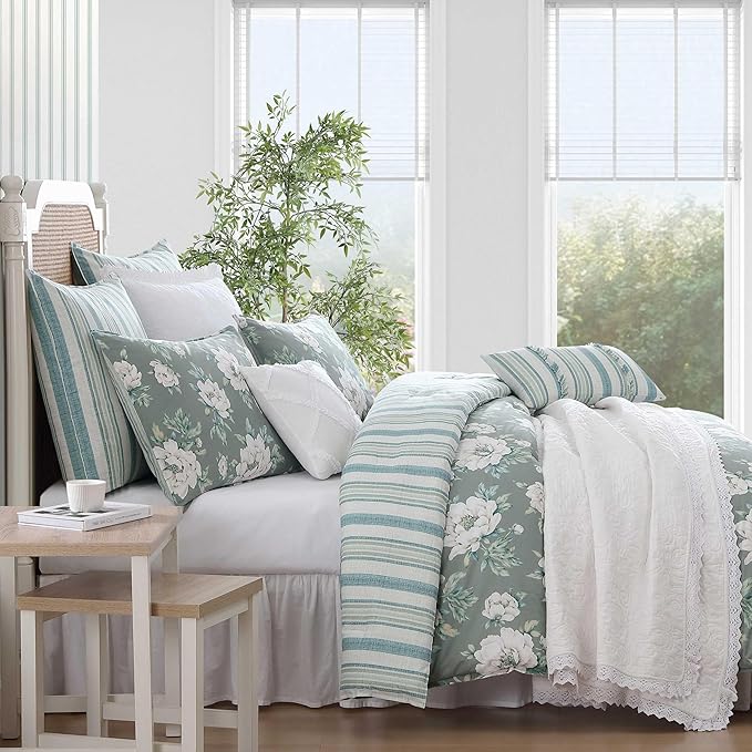 Laura Ashley - Full/Queen Comforter Set, Premium Cotton Bedding with Matching Shams, Includes Bonus Decorative Pillow Covers, Floral Home Decor, Oeko-Tex Certified (Wisley Floral Green, Full/Queen)
