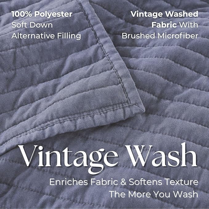 DOWN HOME Twin Quilt Bedding Set with Sham, Vintage Washed Soft Quilted Blanket Thin Comforter Lightweight Bedspread Coverlet Bed Cover, Brushed Microfiber Stripe Stitching, Vintage Denim, 66"x92"