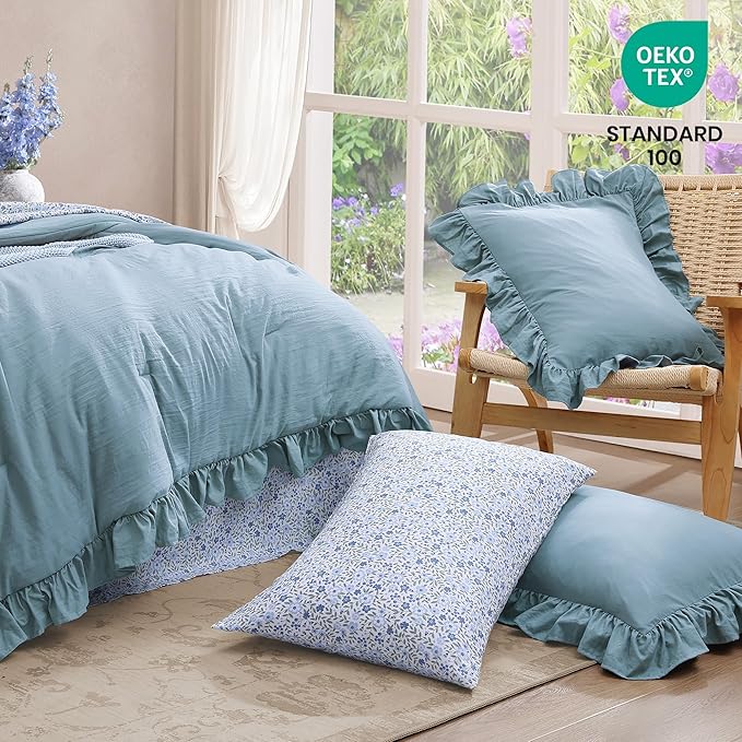 Twin XL Comforter Set - 5 Pieces Ruffle Blue Bedding Sets, Shabby Chic Farmhouse Bed in a Bag Twin XL with Ruffle Comforter, Floral Sheets, Pillowcases & Shams