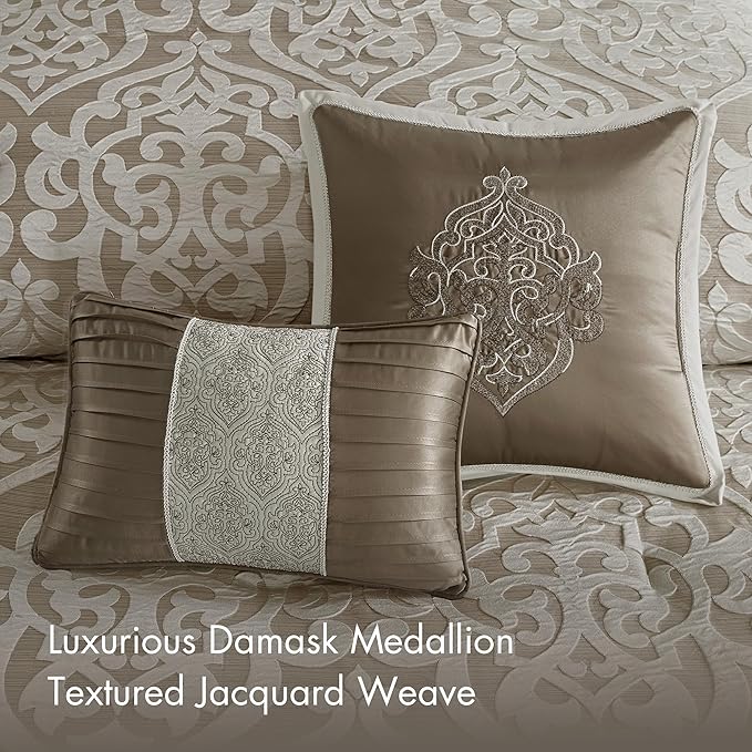 Madison Park Odette Cozy Comforter Set Jacquard Damask Medallion Design - Modern All Season, Down Alternative Bedding, Shams, Decorative Pillows, Cal King(104 in x 92 in), Tan 8 Piece