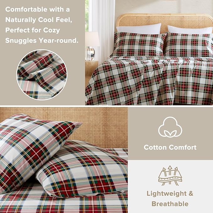Comfort Spaces 100% Cotton Sheets Full, Breathable, Naturally Cool Cotton Sheets, Cotton Bed Sheets with 14" Elastic Pocket Fits up to 16" Mattress, All Seasons Sheet Set, Scottish Plaid Red 4 Piece