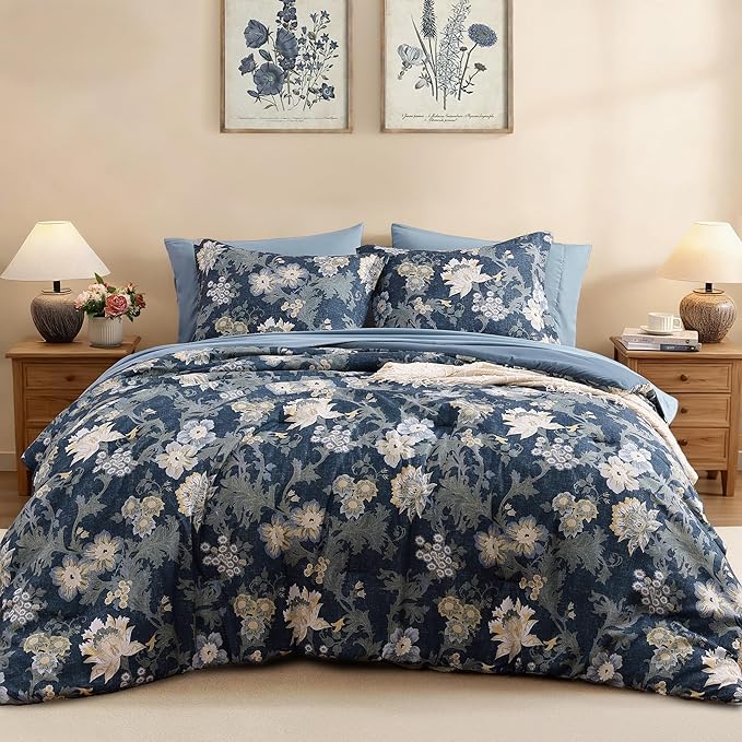 Queen Comforter Set -7 Pieces Floral Antique Blue Comforter Set for All Seasons, Bed in a Bag Queen with Botanical Flowers Comforter, Sheets, Pillowcases & Shams
