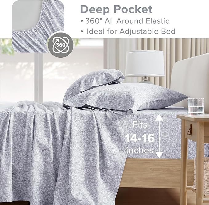 Comfort Spaces 100% Cotton Sheets King, Breathable, Naturally Cool Cotton Sheets, Soft Cotton Bed Sheets with 14" Elastic Pocket Fits up to 16" Mattress, All Seasons Sheet Set, Adelia Gray 4 Piece