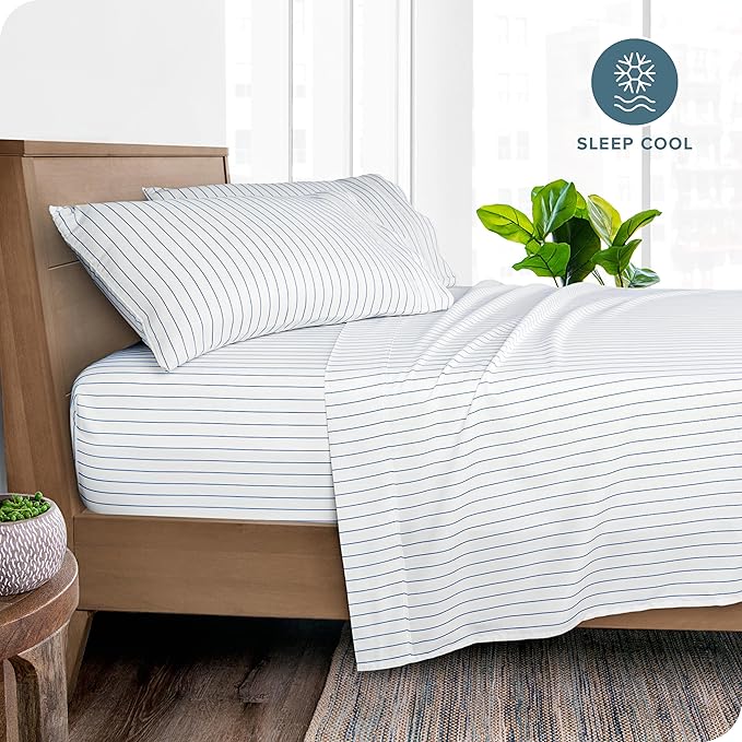 Bare Home Ultra-Soft Microfiber Split King Bed Sheets - Deep Pockets - Easy Fit - 5 Piece Set - Pinstripe (White/Marine)