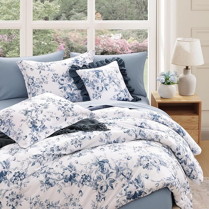 California King Comforter Set -7 Pieces Floral Rain Washed Bedding Set for All Seasons, Bed in a Bag with Botanical Flowers Comforter, Sheets, Pillowcases & Shams