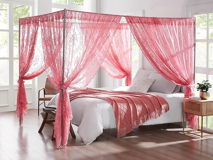 Warm Home Designs Lace Canopy Bed Curtains Set Consists of 8 48" x 78" Pink Canopy Curtains with Tie-Backs. Queen Canopy Bed Curtains or King Bed Canopy Curtains for Coquette Bedroom Decor. LC Rose