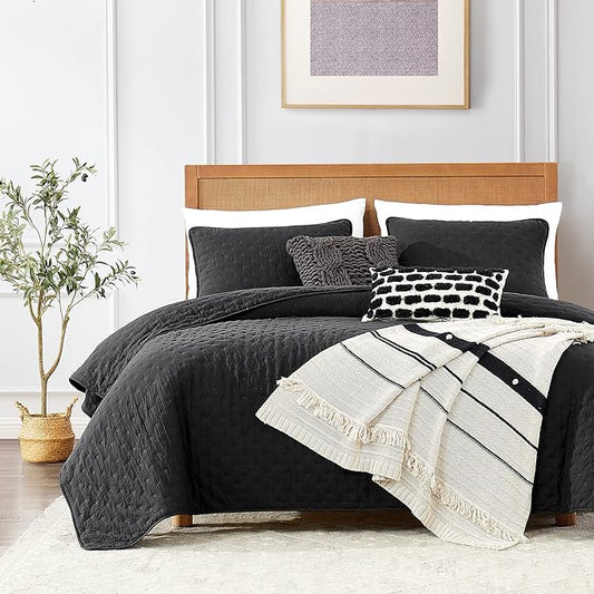 ROARINGWILD Black King Size Quilt Bedding Sets with Pillow Shams, Lightweight Soft Bedspread Coverlet, Quilted Blanket Thin Comforter Bed Cover, All Season, 3 Pieces, 104x90 inches