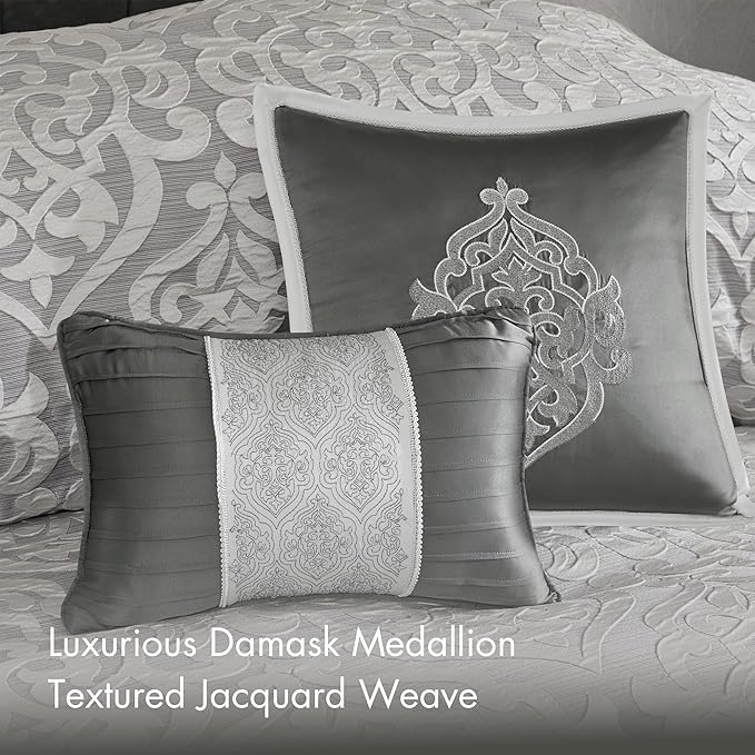Madison Park Odette Cozy Comforter Set Jacquard Damask Medallion Design - Modern All Season, Down Alternative Bedding, Shams, Decorative Pillows, Queen(90 in x 90 in), Silver 8 Piece