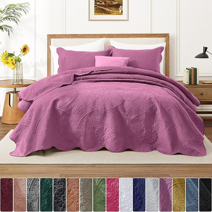 IR Imperial Rooms California King Quilt Bedding Set Size (118"x106") + 2 Pillow Shams (20" x 36"+ 2") - 3 Pcs All Season Reversible Microfiber Coverlet Embossed Floral Quilt Bedspread (Purple)