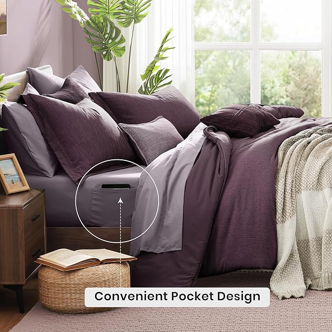 Monbix Super King Size Comforter Set, Italian Plum Bedding Set Reversible, Comforter Set 7 Pieces, Cationic Dyeing Bed in a Bag with Comforter, Sheets, Pillowcases & Shams