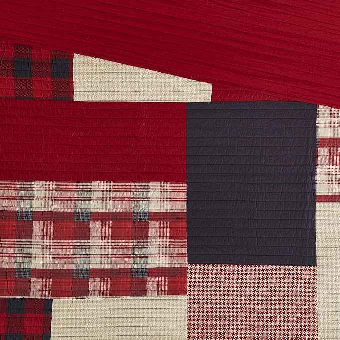 Woolrich Sunset Reversible Quilt Set - Cottage Styling Reversed to Solid Color, All Season Lightweight Coverlet, Cozy Bedding Layer, Matching Shams, Oversized Full/Queen, Plaid Red 3 Piece