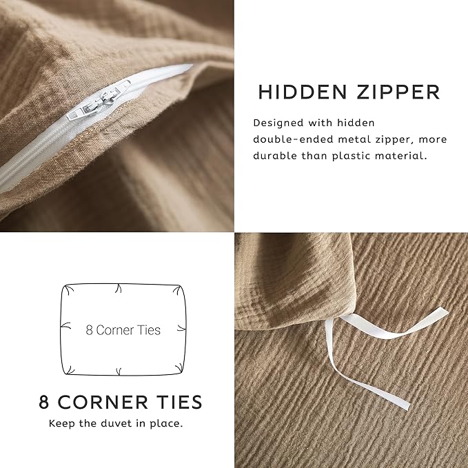 SE SOFTEXLY Muslin Duvet Cover Twin Size, 100% Washed Cotton Duvet Cover Set, Ultra Soft Comforter Cover Linen Like, 2 Pieces Minimalist Gauze Duvet Cover with 1 Pillowcase, 68"x90", Light Brown