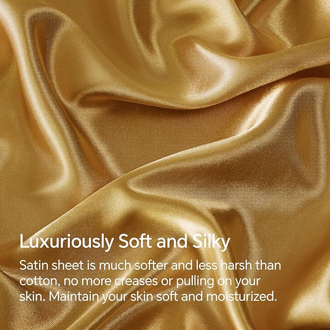 BEDELITE California King Sheets Set, Luxury Soft Gold Satin Sheets for Hair and Skin, Similar to Silk Bed Sheets Set 4 Pieces with 1 Deep Pocket Fitted Sheet, 1 Flat Sheet, and 2 Pillowcases