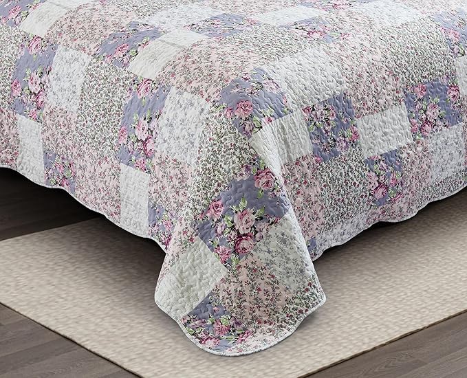 Brilliant Sunshine Roses Toile Quilt Set, 3-Piece Bedding Sets Traditional Lively Patchwork Design, Washable and Reversible Bedspread, Soft Lightweight Coverlet, All-Season, King/Cal King, Blue Pink