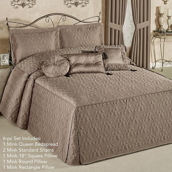 Cambridge Classic Luxury Bedding | Neutral Mink-Hued Solid Color Polyester Satin | Elaborate Damask Quilting | 6 Pc Bed Set Includes Oversized Queen Bedspread, 2 Standard Shams, & 3 Decorative Pillows