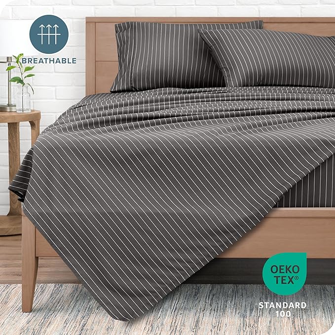 Bare Home Twin XL Sheet Set - College Dorm Size - 1800 Ultra-Soft Microfiber - Deep Pockets - Easy Fit - 3 Piece Set - Bed Sheets (Twin XL, Pinstripe - Grey/White)