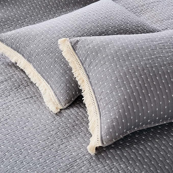 Levtex Home Cross Stitch Reversible King/Cal King Quilt Set (106x92in) and 2 Pillow Shams (36x20in) - Stitch Texture - Grey White - Cotton King Size Quilt Bedding Set - Lightweight Soft Pre-Washed