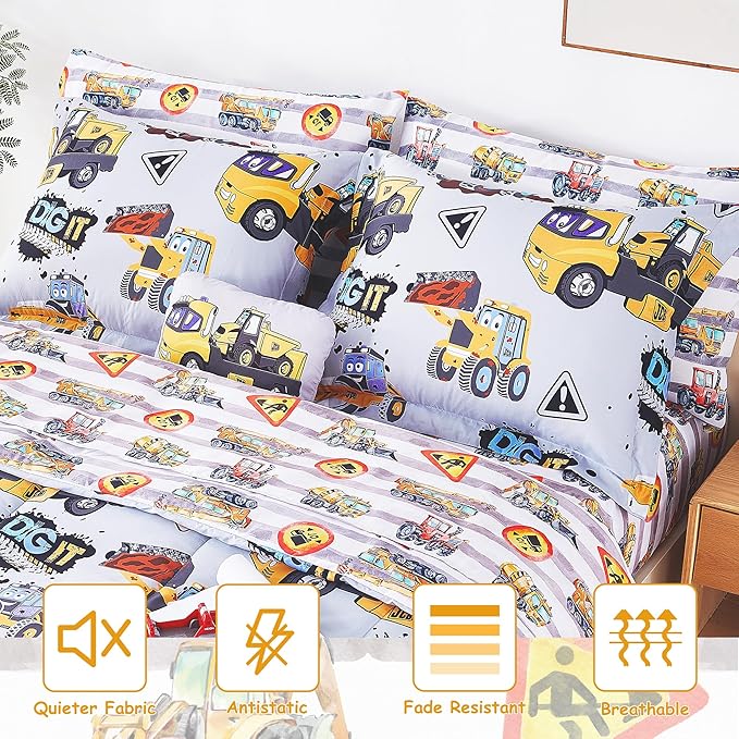 Mooreeke Kids Full Comforter Sets for Boys 8 Pieces Heavy Duty Vehicle Bedding Set for Teens Microfiber Engineering Truck Kids Bed in A Bag with Comforter, Sheet Set, Shams and Decorative Toy Pillow