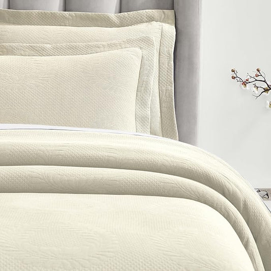 Superior 3 Piece Cotton Bedspread Set, Home Bed Decor, Decorative Bed Spread, 2 Pillow Shams, Medium Weight Blanket, Matelasse Coverlet, Bedding Essentials, Peploi Collection, Full, Ivory