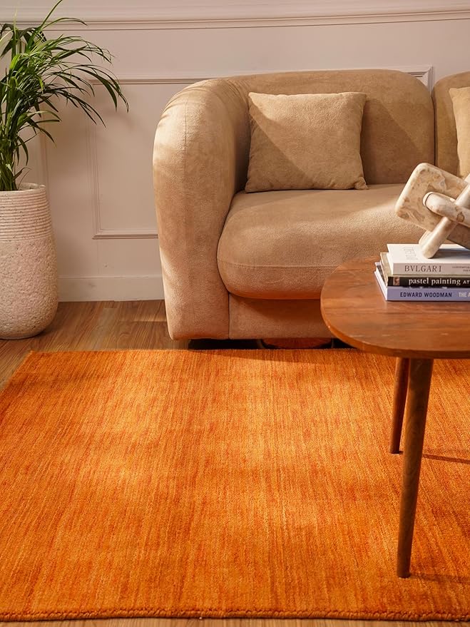 Rugsotic Carpets Hand Knotted Loom Wool ECO-Friendly Area Rugs - 5'x8', Rectangle, Orange Color, Solid Plain Design, High Pile Handmade Anti Skid Area Rugs for Living Room, Bed Room (L00111)