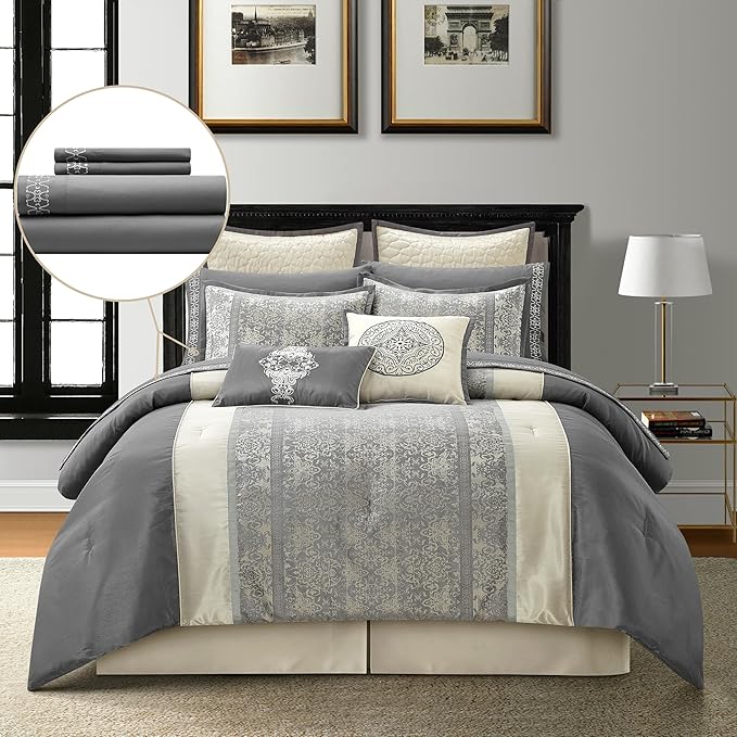 Grand Avenue Silver & Ivory Comforter Set King Size, Classic Jacquard Bedding Sets, Faux Silk, Premium Microfiber, 12 Pieces Bed in a Bag, Matching Fitted Sheet, Flat Sheet