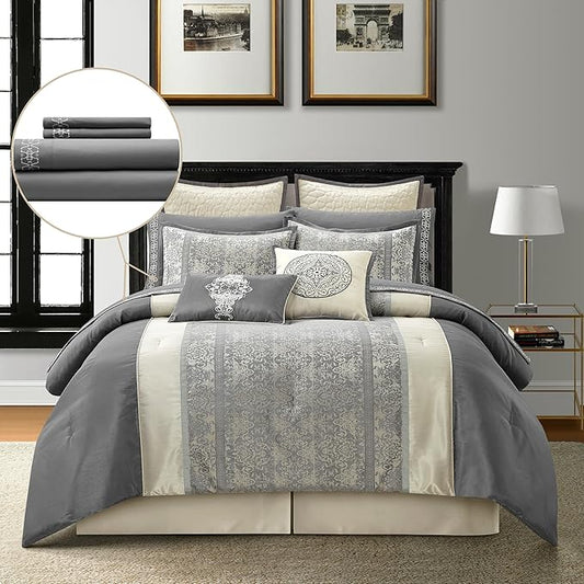 Grand Avenue Silver & Ivory Comforter Set King Size, Classic Jacquard Bedding Sets, Faux Silk, Premium Microfiber, 12 Pieces Bed in a Bag, Matching Fitted Sheet, Flat Sheet