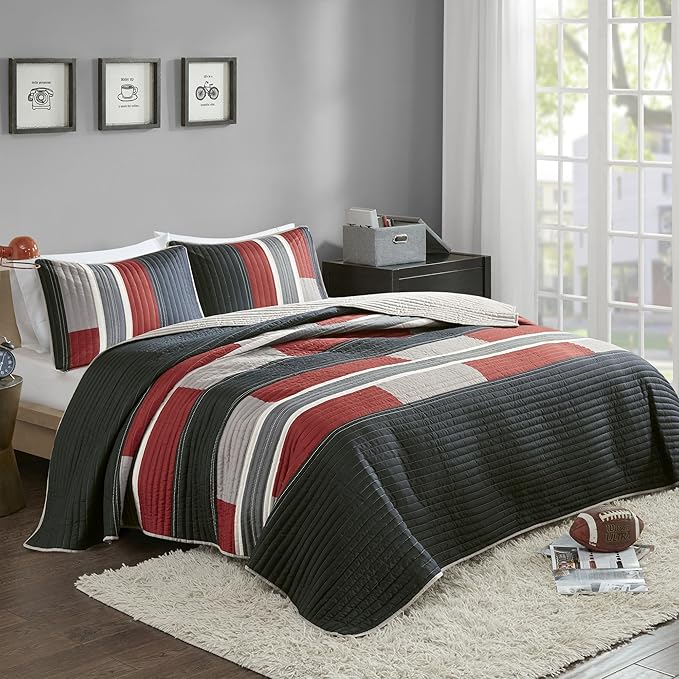 Comfort Spaces CS14-0864 3 Piece Quilt Coverlet Bedspread All Season Lightweight Hypoallergenic Pipeline Colorblock Kids Bedding Set, Full/Queen, Pierre Black/Red Stripe