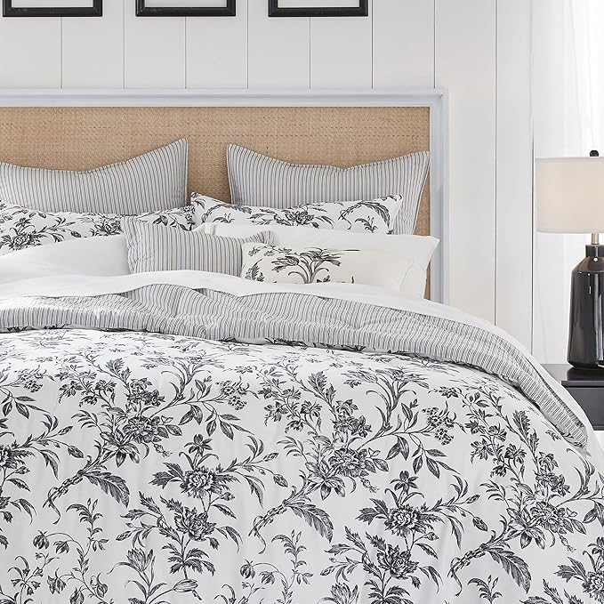 Laura Ashley - King Comforter Set, Reversible Cotton Bedding, Includes Matching Shams with Bonus Euro Shams & Throw Pillows (Amberley Black/White, King)