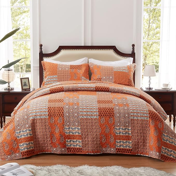LEAONME 2 Pieces Twin Size Quilt Set Burnt Orange Rust Paisley Bedspread Coverlet Lightweight Microfiber Bedding Set 68x86 Inch Bed Cover for All Seasons (1 Quilt, 1 Pillow Sham)