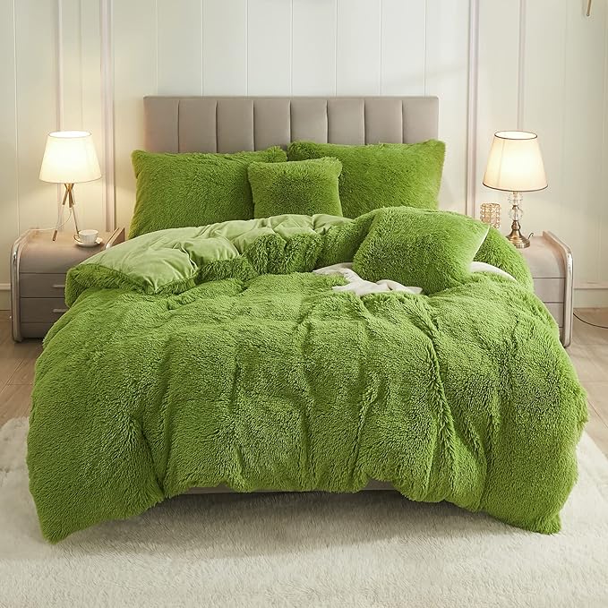Uhamho Faux Fur Velvet Fluffy Bedding Duvet Cover Set Down Comforter Quilt Cover with Pillow Shams, Ultra Soft Warm and Durable (Apple Green, King)
