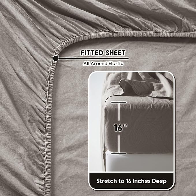 SONORO KATE 100% French Pure Linen Sheets, Breathable and Durable Queen Size Sheets, 16 Inch Deep Pocket - 4 Piece (Mauve Brown)